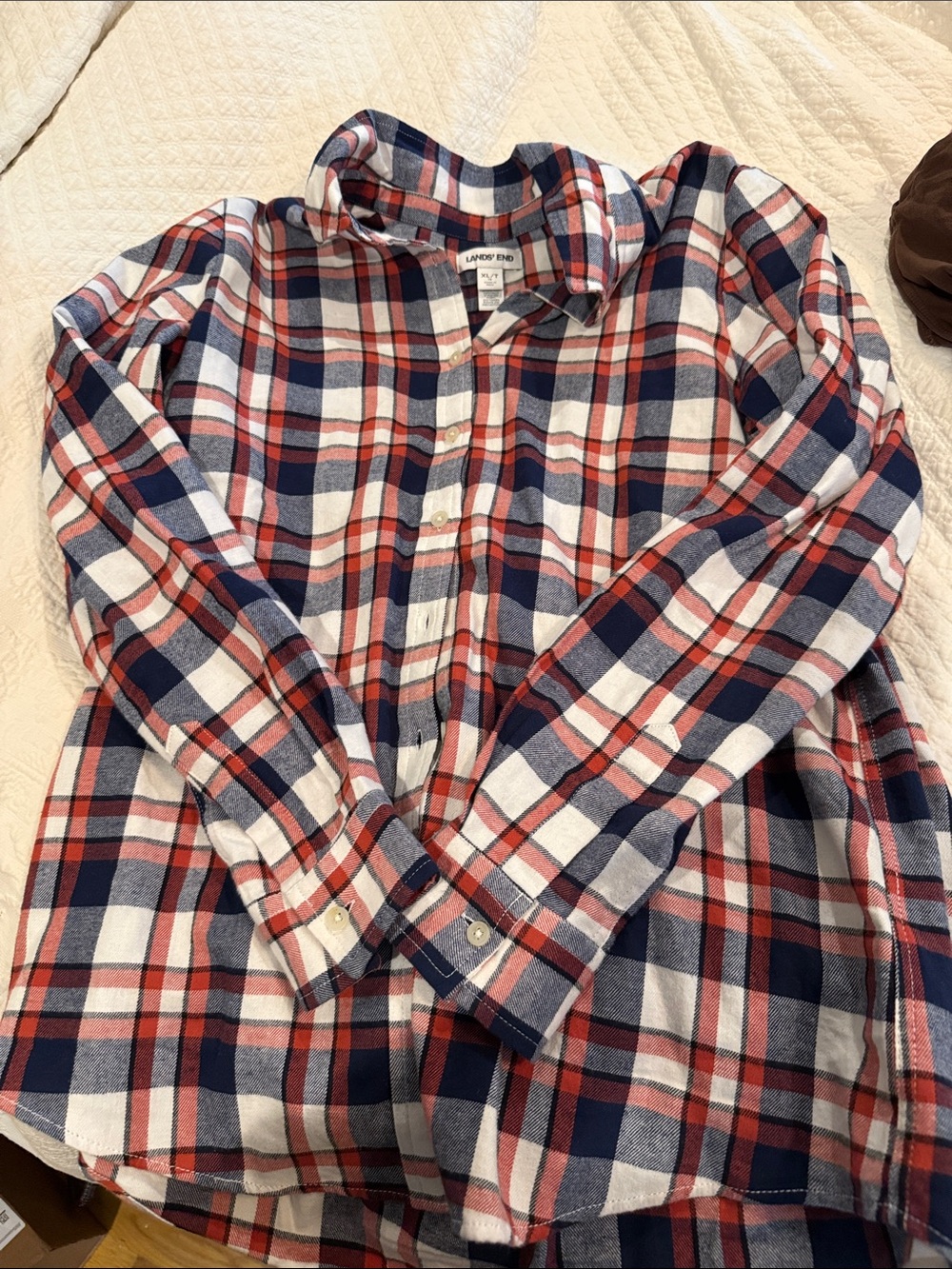 Lands' End Red Navy White Plaid Flannel Shirt